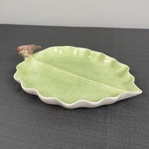 Adorable Ceramic Bird Leaf Trinket Tray Dish 9.5" x 7"